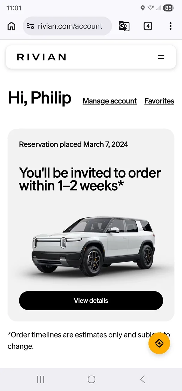 Rivian R1T R1S Update on timing now in account Screenshot_20260630_110159_Chrom