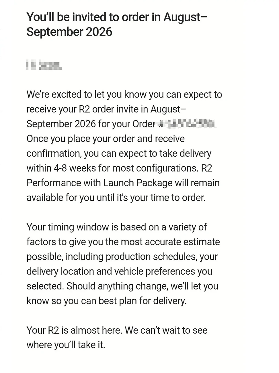 Rivian R1T R1S Update on timing now in account 1000041242