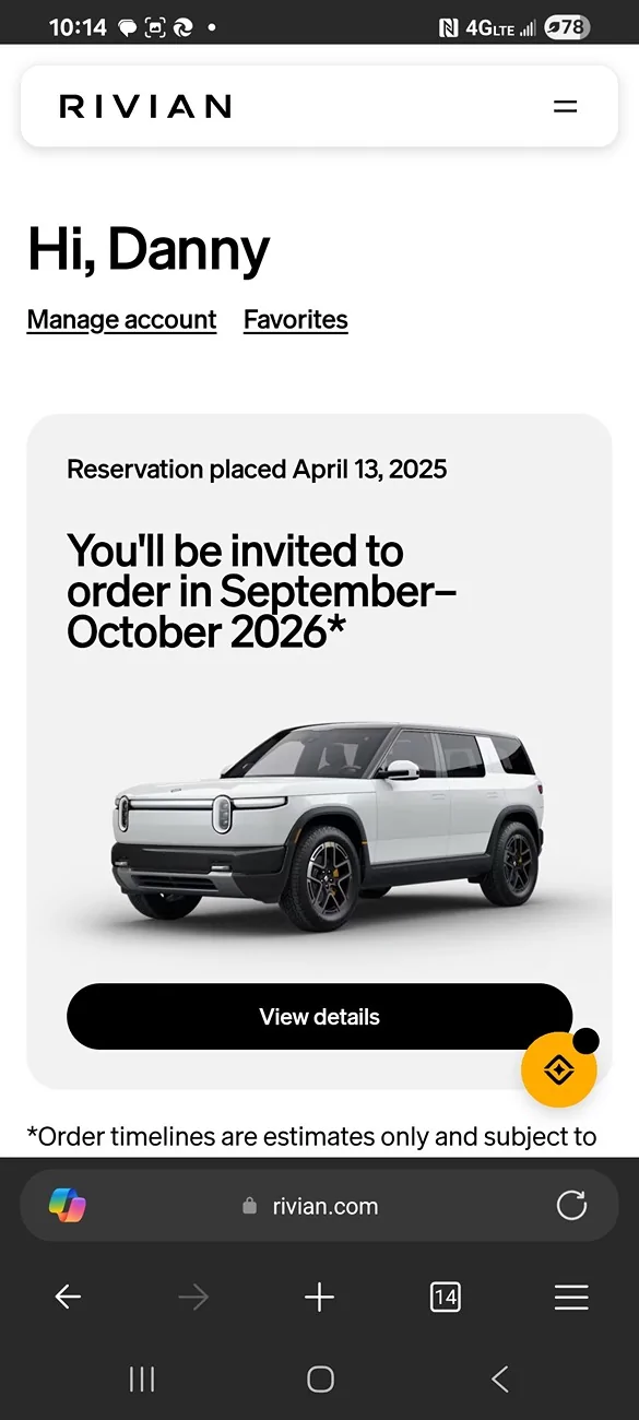 Rivian R1T R1S Update on timing now in account Screenshot_20260630_101453_Edg