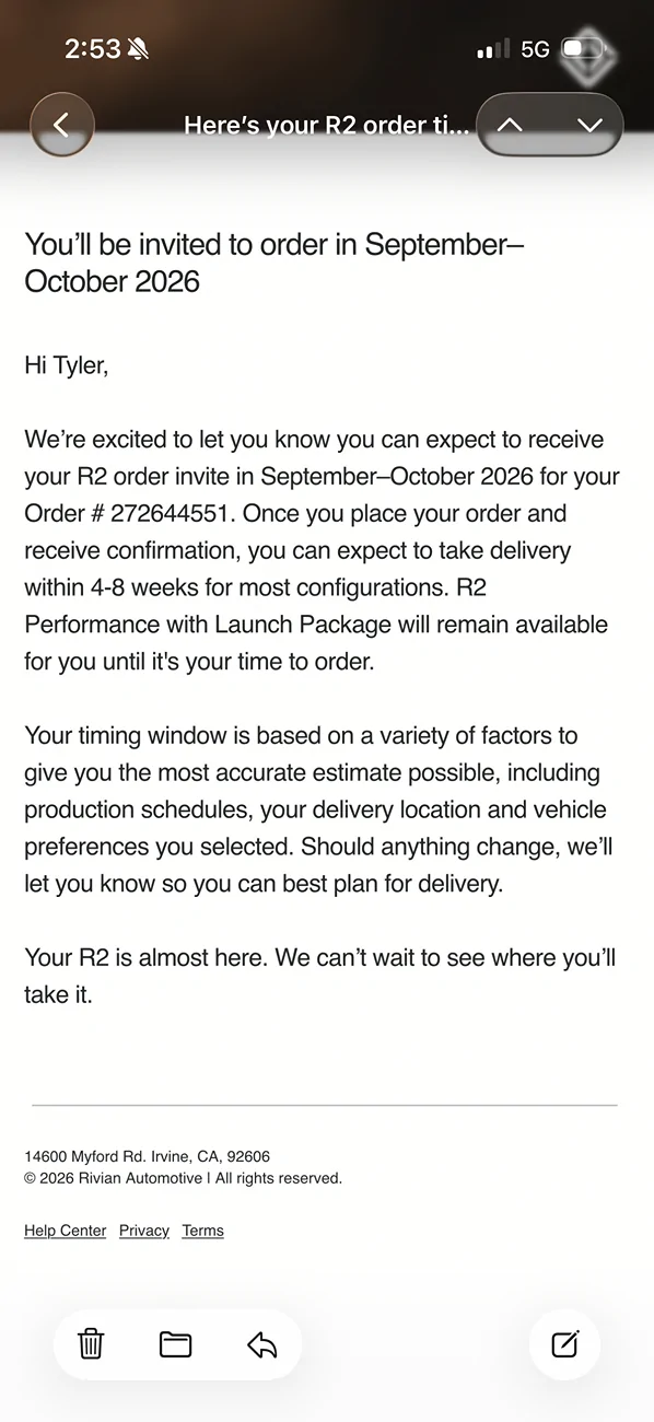 Rivian R1T R1S Update on timing now in account IMG_0274