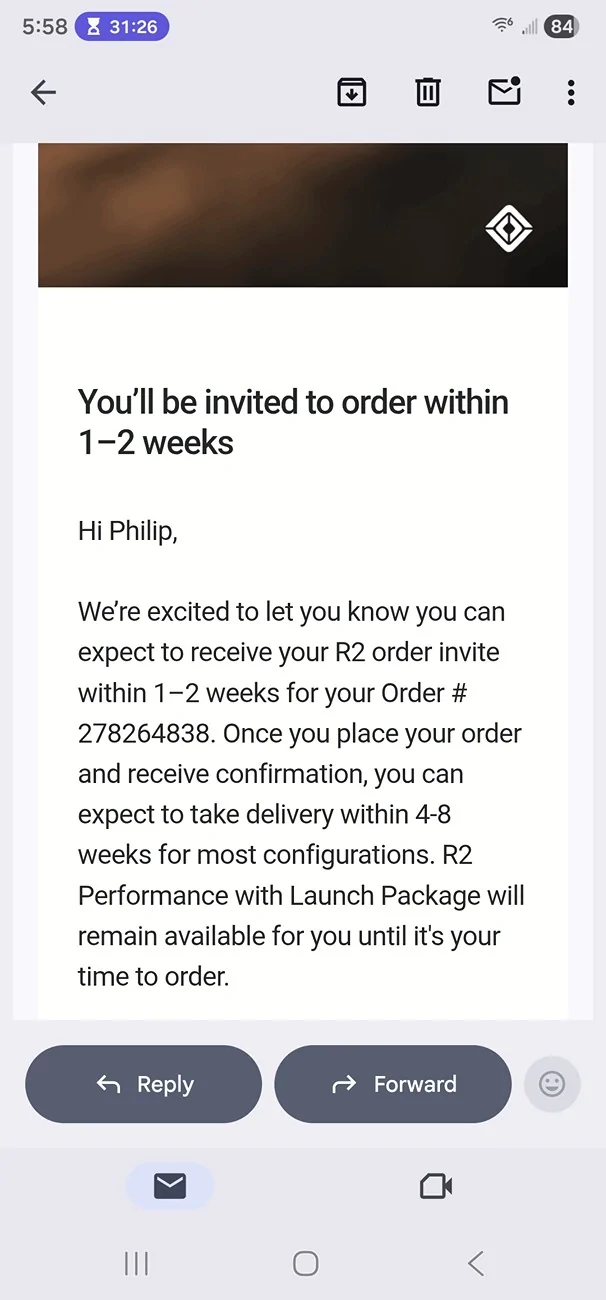 Rivian R1T R1S Update on timing now in account Screenshot_20260630_175831_Gmail