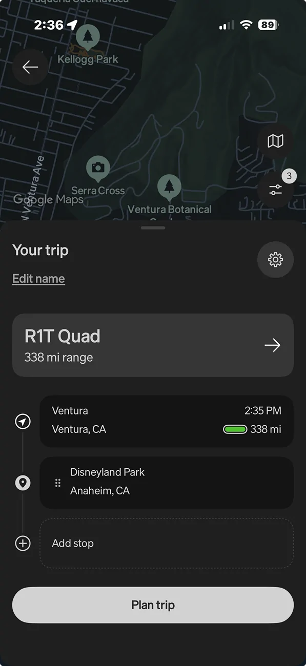 Rivian R1T R1S New Mobile App version (3.14) gives more detailed Map view, search and trip planning Screenshot 2026-07-13 at 2.36.35 PM