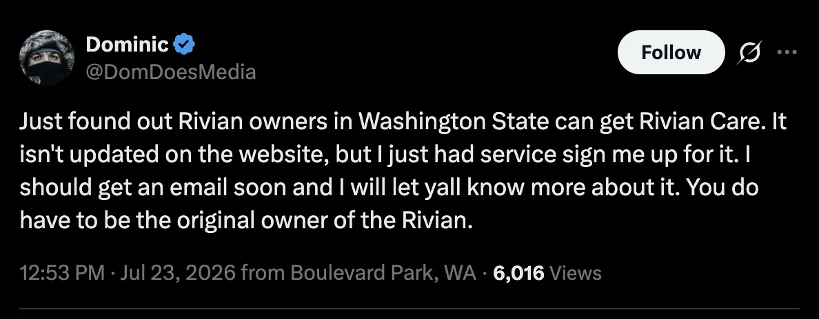 Rivian R1T R1S Rivian Care is available in WA (Washington State) Screenshot 2026-07-24 at 12.30.41 PM