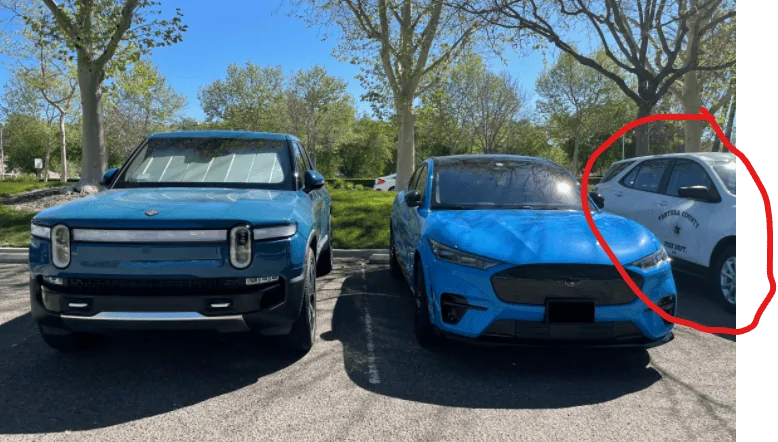 Rivian R1T R1S Rivian Blue R1T vs Grabber Blue Mach-E GT a side by side comparison look 1648083749491