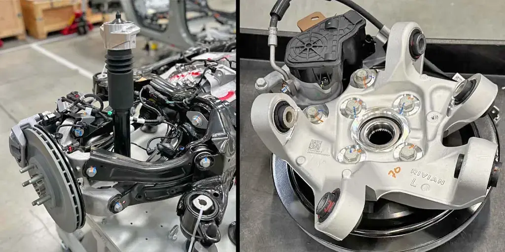 Rivian R1T R1S R2 suspension specs: MacPherson Struts (front), multi-link suspension (rear), mechanical antiroll bars, coil springs, triple tube shock absorbers Rivian-R2-EV-suspension