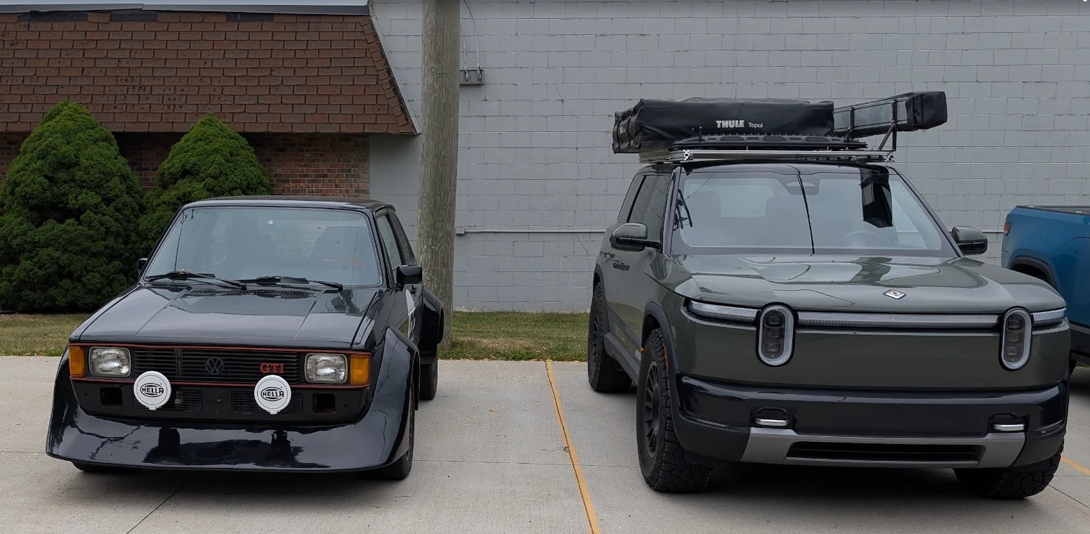 Rivian R1T R1S R2 vs 1980s Golf MK1 size comparison 1785260317080-58
