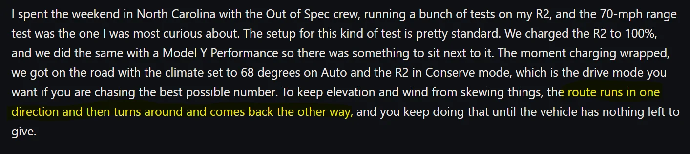 Rivian R1T R1S R2 vs Model Y 70-MPH Highway Range Test (by Out of Spec) Screenshot 2026-07-29 161452