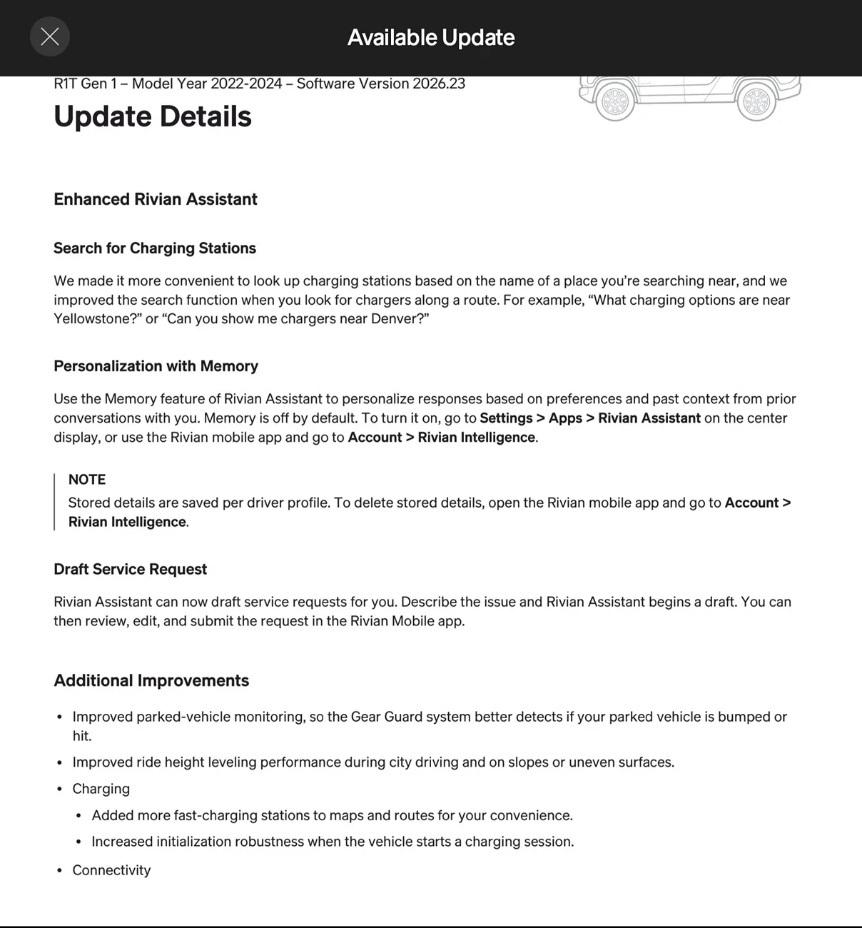 Rivian R1T R1S 2026.23.0 Update Pushed to R1 Screenshot_20260806_224949_Rivian