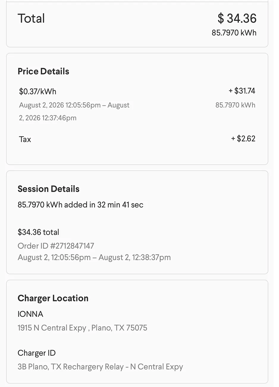 Rivian R1T R1S 1st DC Charge Session (IONNA) w/ R2 -- Stats Screenshot 2026-08-10 at 10.53.37