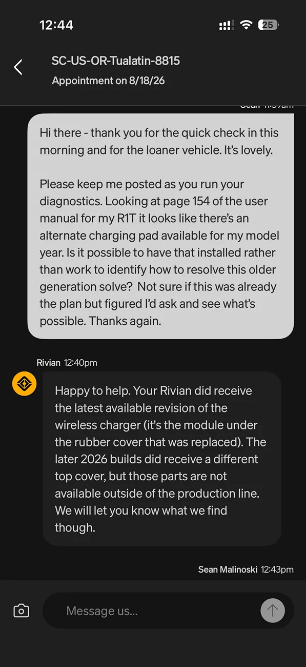 Rivian R1T R1S Concerns on center console charging pad repair IMG_0971