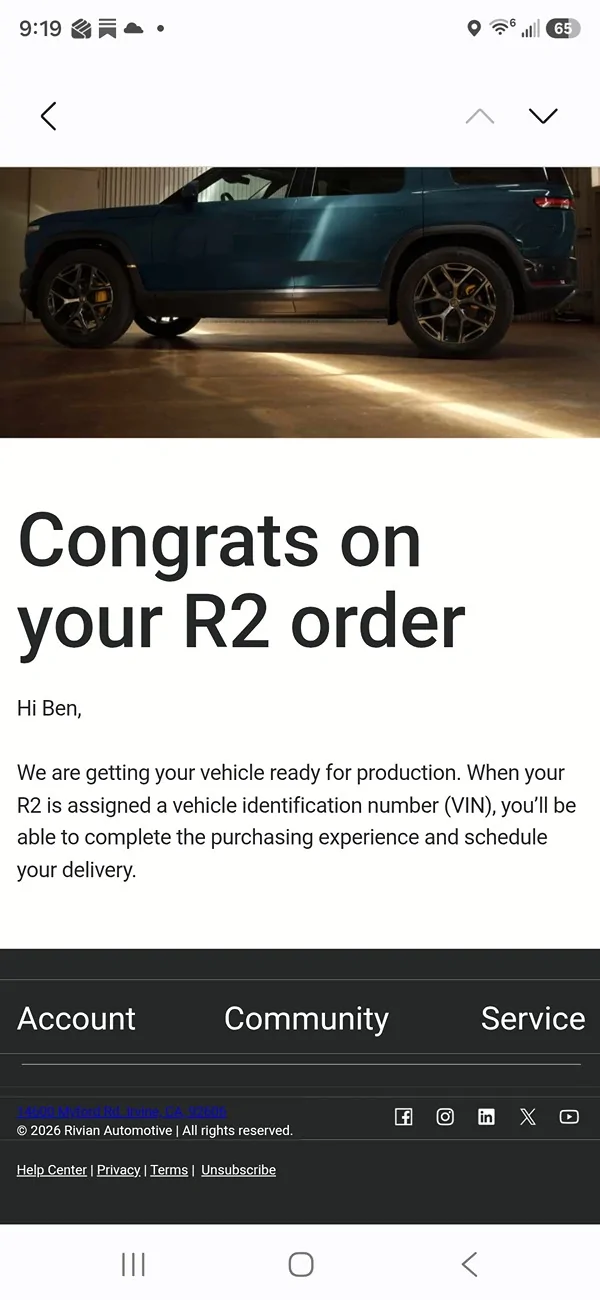Rivian R1T R1S COASTAL CLOUD + CATALINA COVE ORDERED... Screenshot_20260819_091912_Email