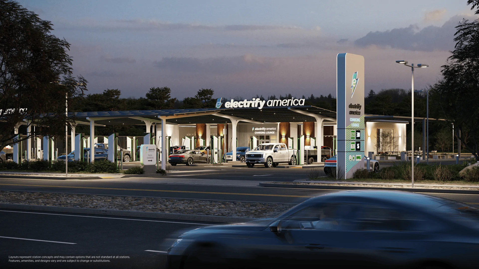 Rivian R1T R1S Electrify America to Create "Customer Oasis" Charging Stations. Some With Pull-Through Chargers ? 833-ElectrifyAmerica-TheFutureofEVChargingStations