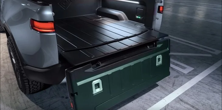 Rivian R1T R1S 180 degree tailgate -r1t-swing-and-drop-tailgate-design-patent-730x364
