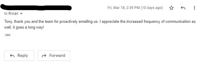 Rivian R1T R1S I gave CS a piece of my mind, and they responded. 1648514839370
