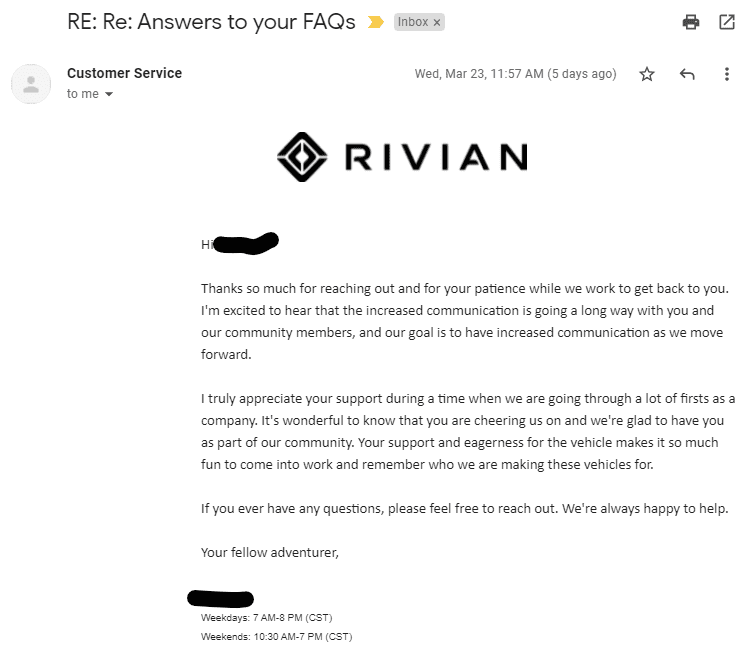 Rivian R1T R1S I gave CS a piece of my mind, and they responded. 1648514929521