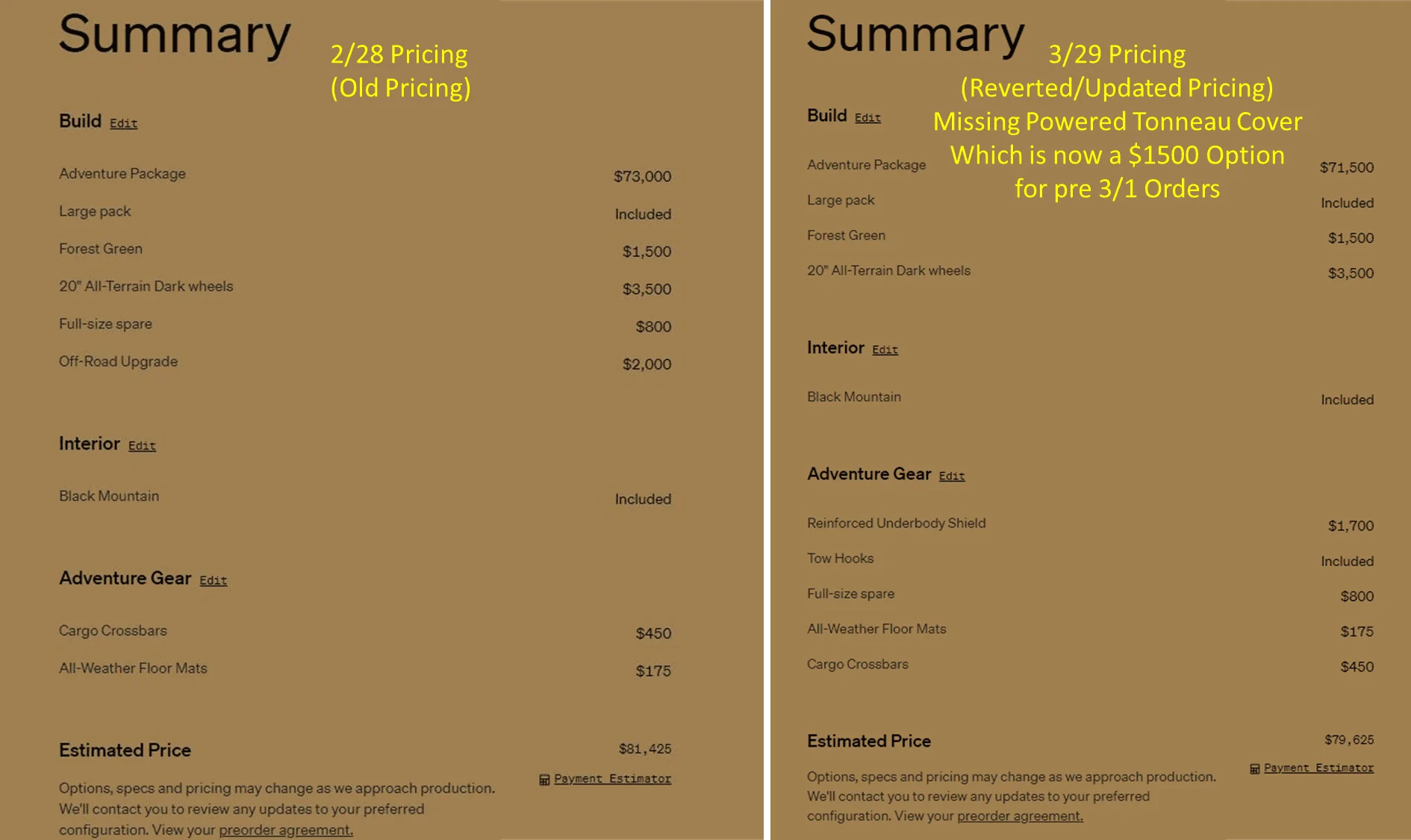 Rivian R1T R1S Rivian pricing has rolled back to "pre March 1" for previous order holders 1648614373560