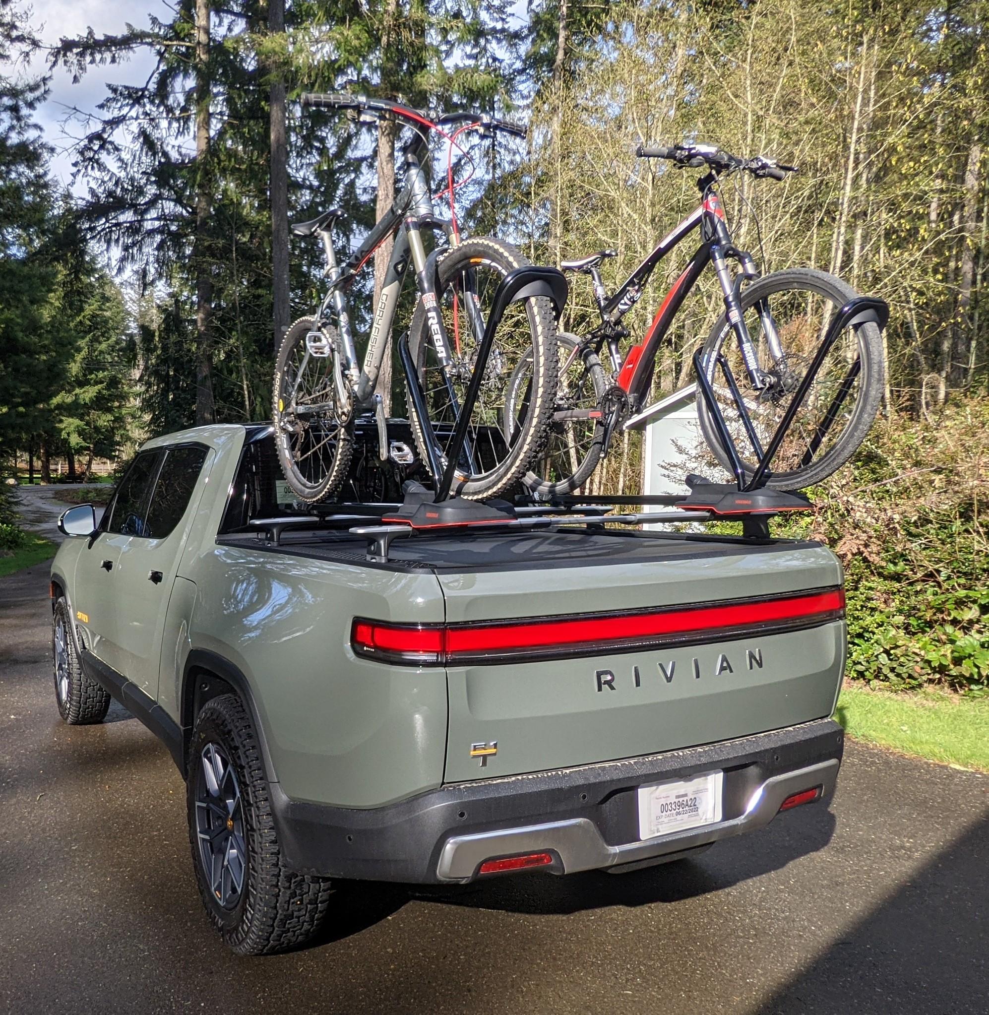Rivian R1T R1S R1T over-bed bikes on Yakima HighRoad Bike Mount PXL_20220415_001426110~2
