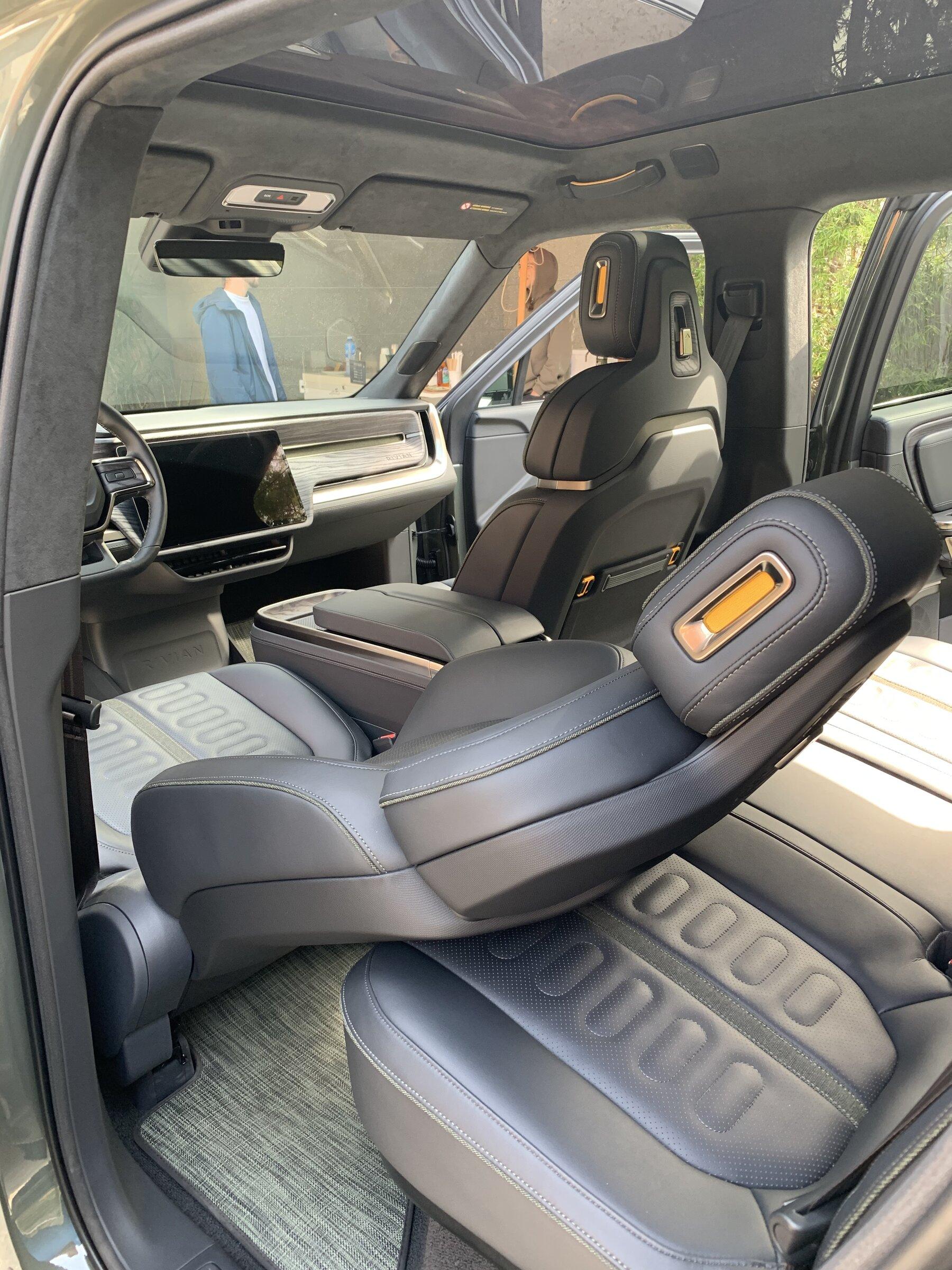 Rivian R1T R1S How far to the front seats recline. 0B817359-ACB0-4E68-9DFB-09EBBF5D0D9F