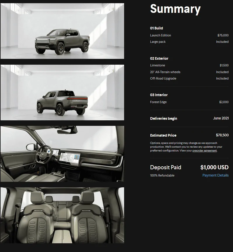 Rivian R1T R1S Rivian Configurator is Up For Reservation Holders! Share Your Build / Configuration Inside rivian_order_summary