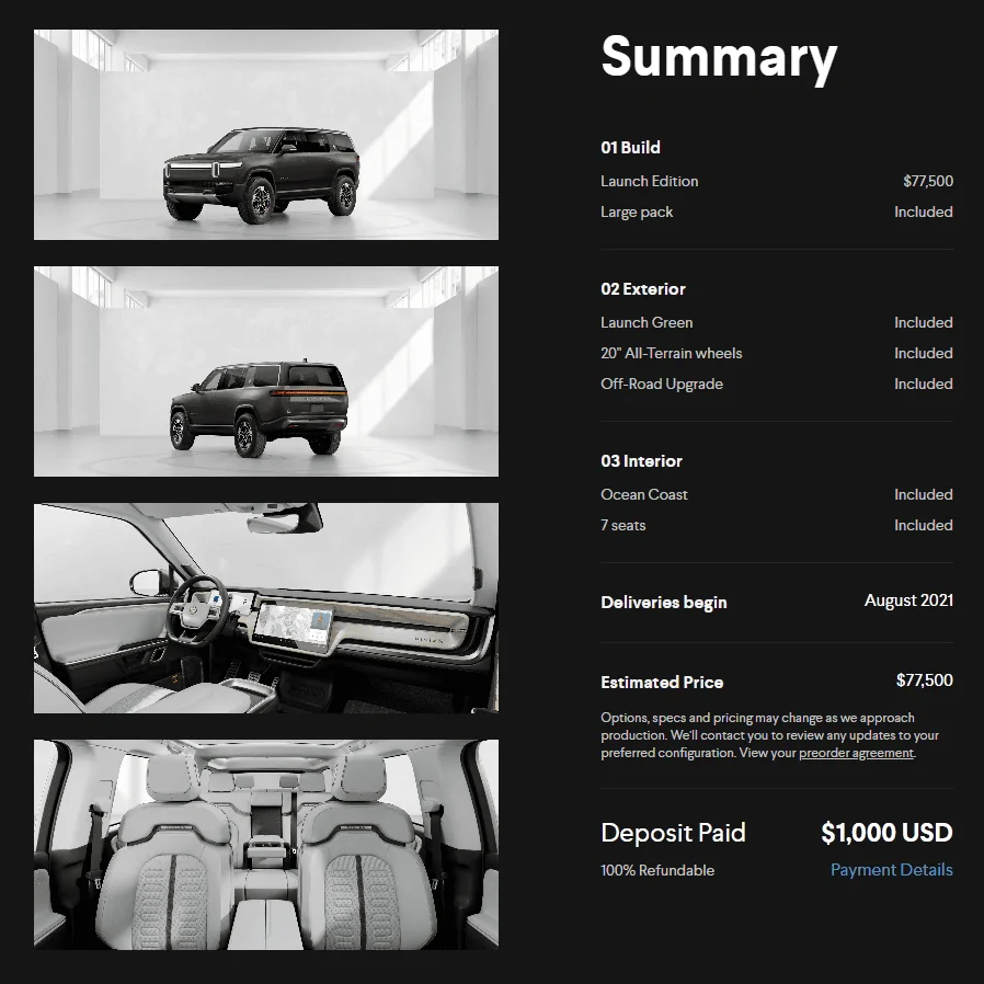 Rivian R1T R1S Rivian Configurator is Up For Reservation Holders! Share Your Build / Configuration Inside Rivian order summary 11162020