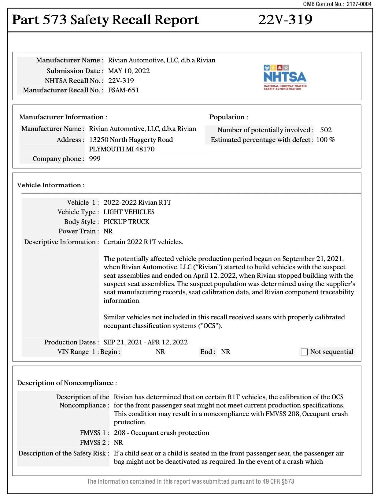 Rivian R1T R1S First Safety Issue Recall: 2022 Rivian R1T Front Passenger Airbag May Not Be Deactivated Automatically Screen Shot 2022-05-12 at 9.28.40 AM