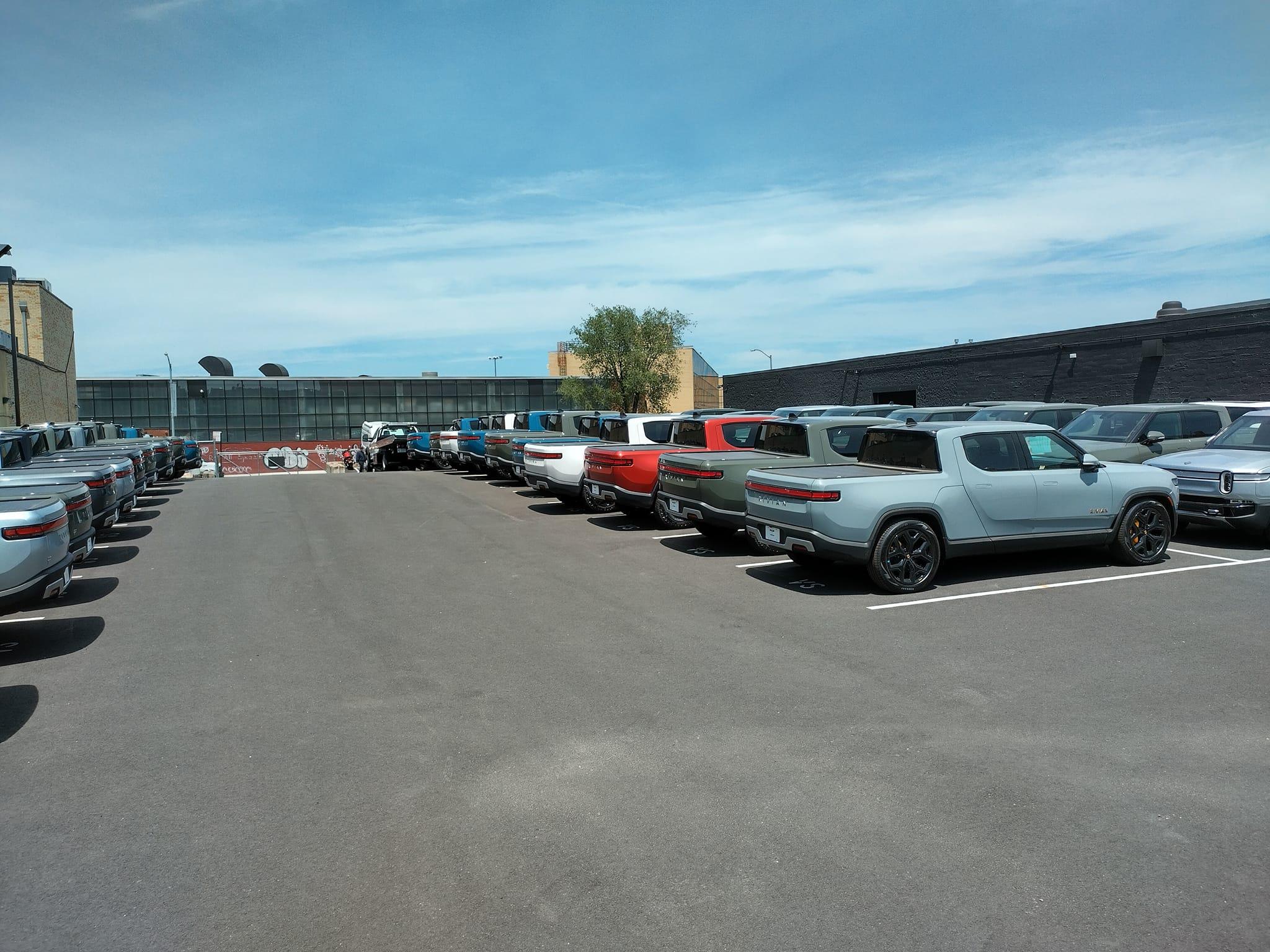Rivian R1T R1S Current look at Brooklyn Rivian Service Center's parking lot full of R1T Brooklyn Rivian Service Center's parking lot full of R1T2