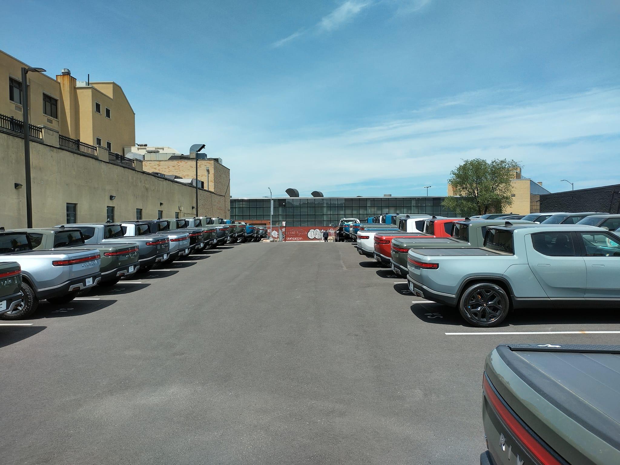 Rivian R1T R1S Current look at Brooklyn Rivian Service Center's parking lot full of R1T Brooklyn Rivian Service Center's parking lot full of R1T1