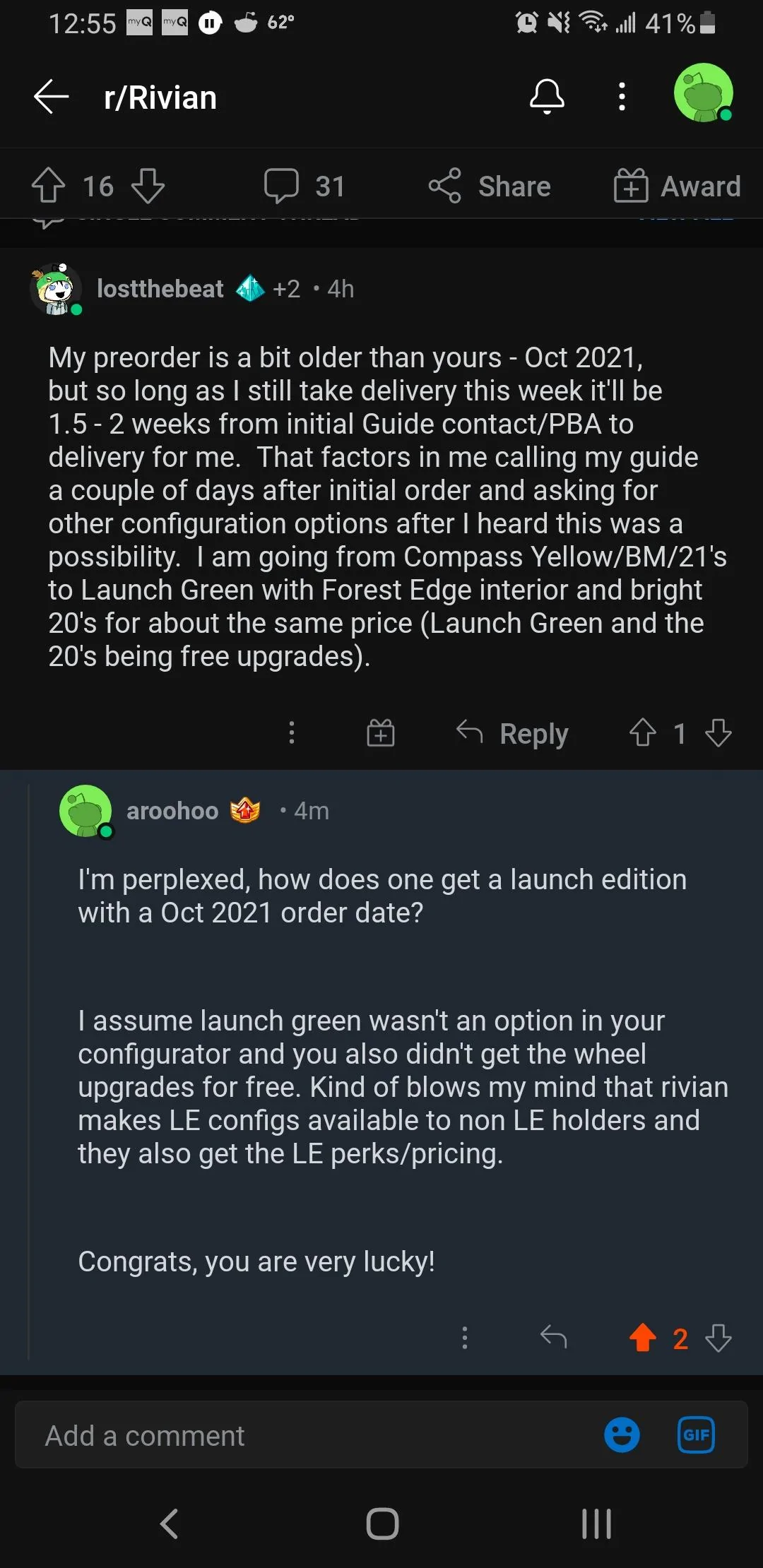Rivian R1T R1S Oct 2021 Order date gets LE Screenshot_20220522-125520_Reddit