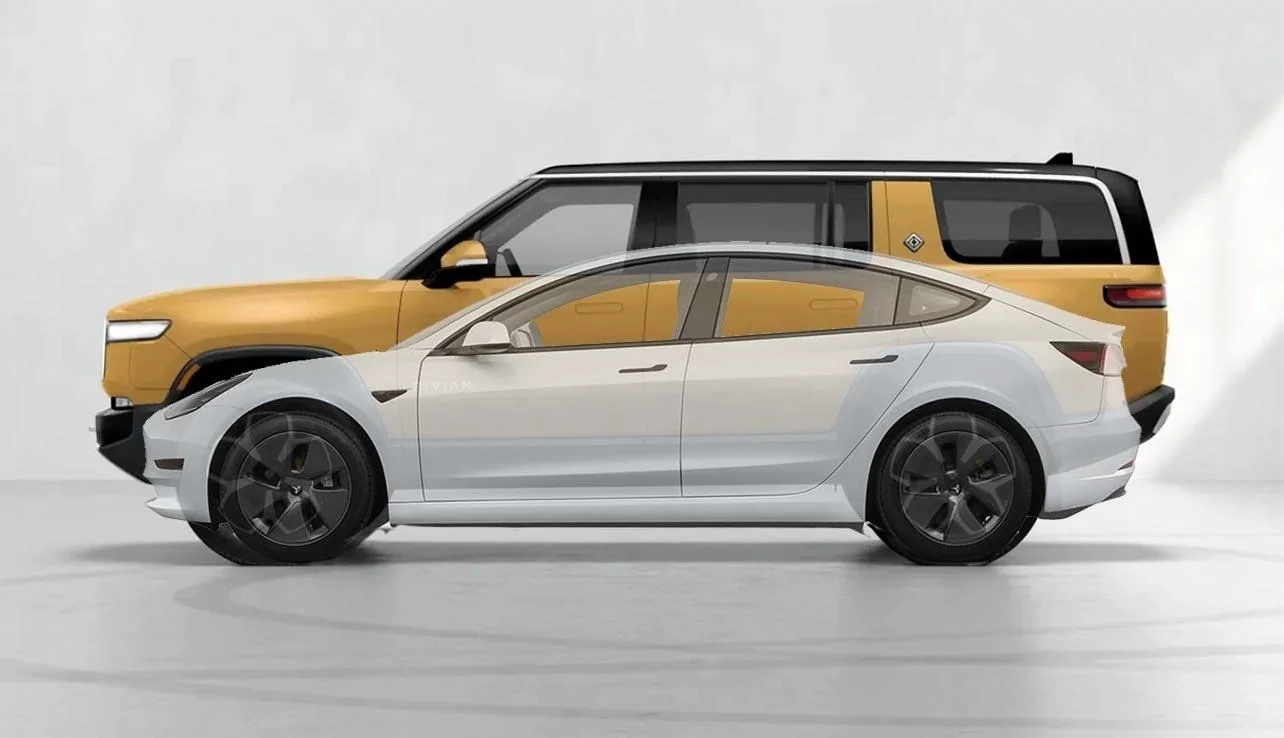Rivian R1T R1S R1S Size Comparisons to other SUVs and Trucks Tesla_Model_3.jpg?ixlib=rails-0.3