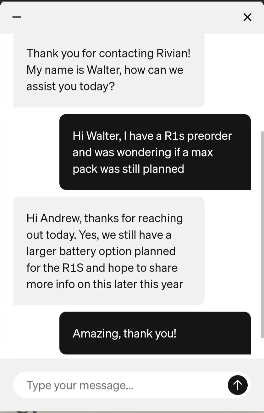 Rivian R1T R1S R1S Max pack per customer service - FWIW 20220525_175953