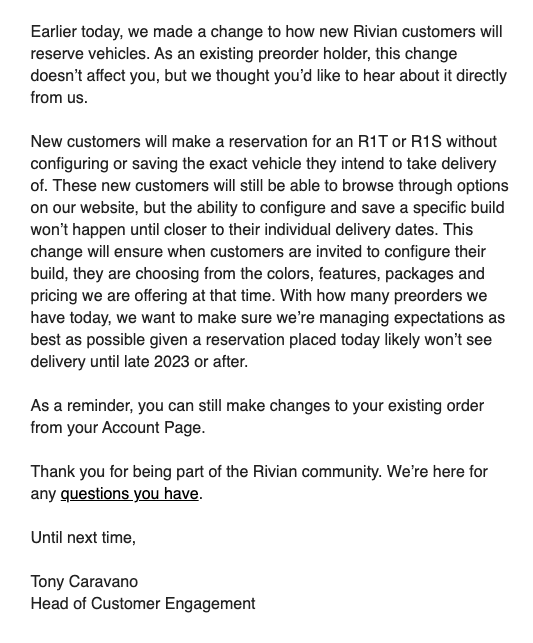 Rivian R1T R1S Rivian announces: No more configurator builder upon reserving a Rivian 1653516064433-