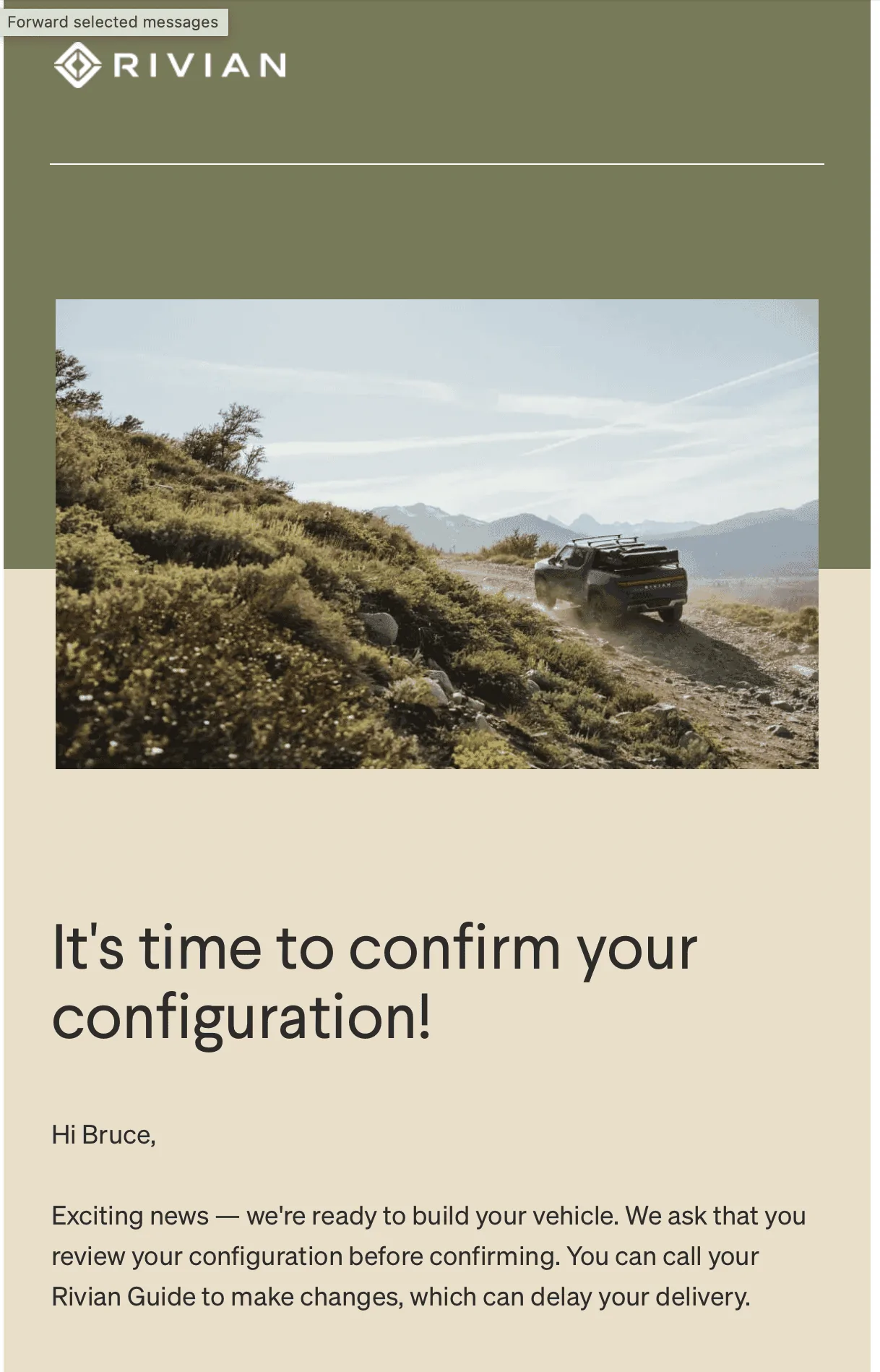 Rivian R1T R1S Configuration Confirmation without Guide contact? Confirm