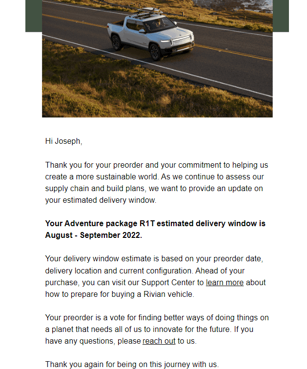 Rivian R1T R1S Oct-Dec 2022 Delivery Windows 1655121565822