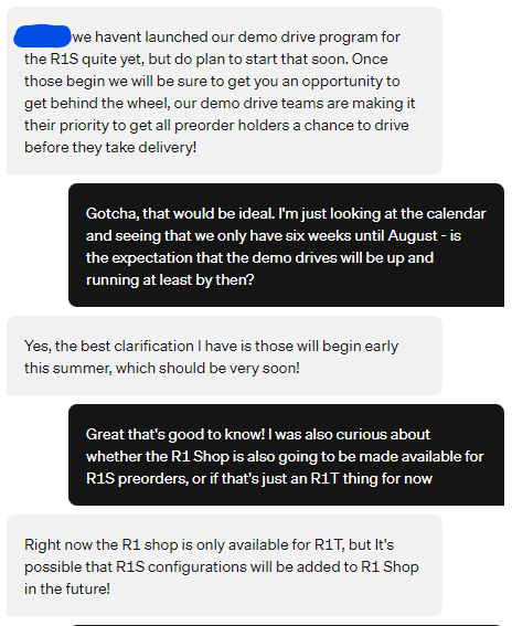 Rivian R1T R1S R1S Demo Drives expected to start "early this summer": CS chat 1655313906114