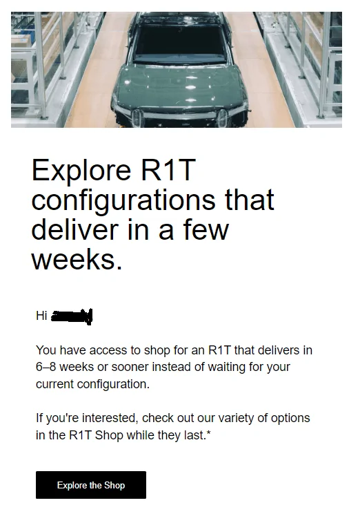 Rivian R1T R1S Got this email from Rivian just now - R1T shop 1655496379012