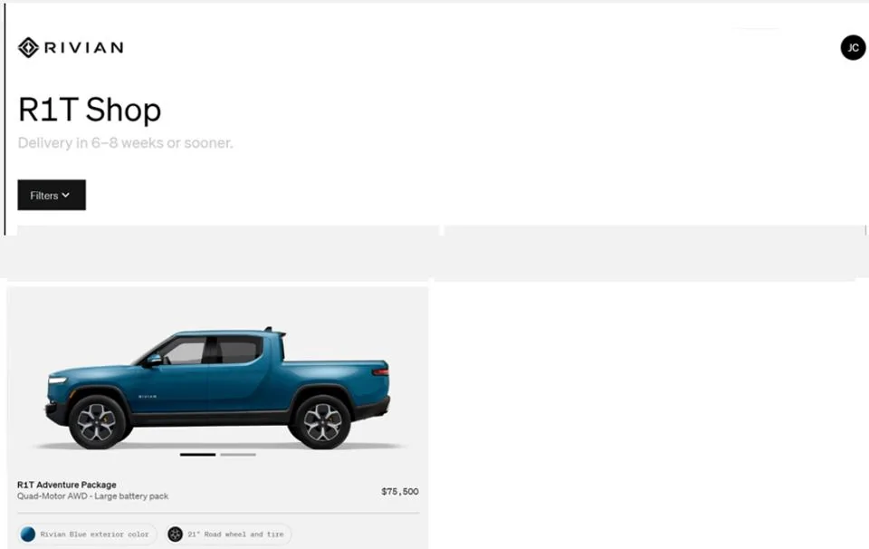 Rivian R1T R1S First look at @ “Introducing the R1 Shop” -- Rivian website to shop for R1T that delivers in 6-8 weeks Final Shop Photo