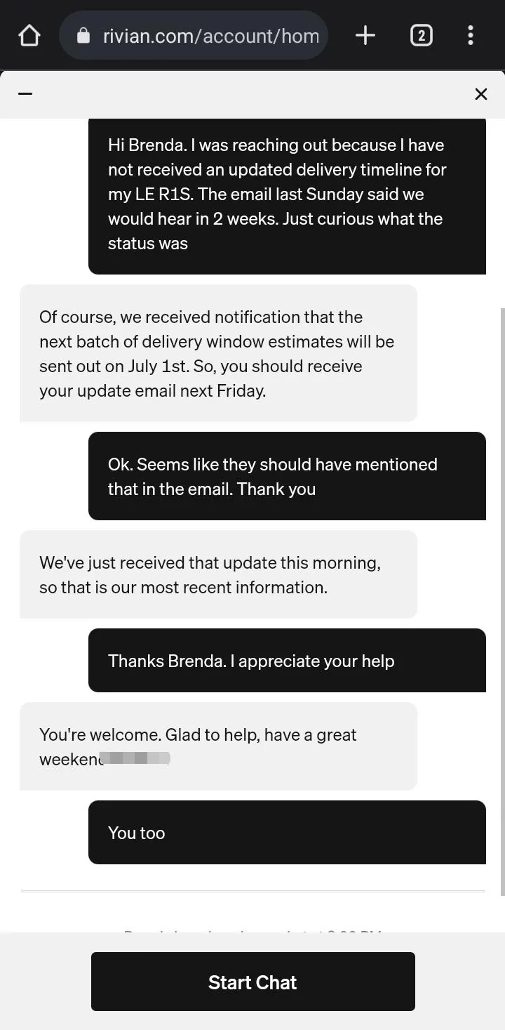Rivian R1T R1S Next R1S delivery timeline update email coming July 1 - says customer service Screenshot_20220624-212247_Chrom