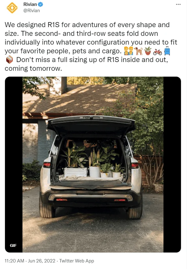 Rivian R1T R1S Rivian tweet: a "full sizing up" of the R1S coming tomorrow (6/27) 1656289757222