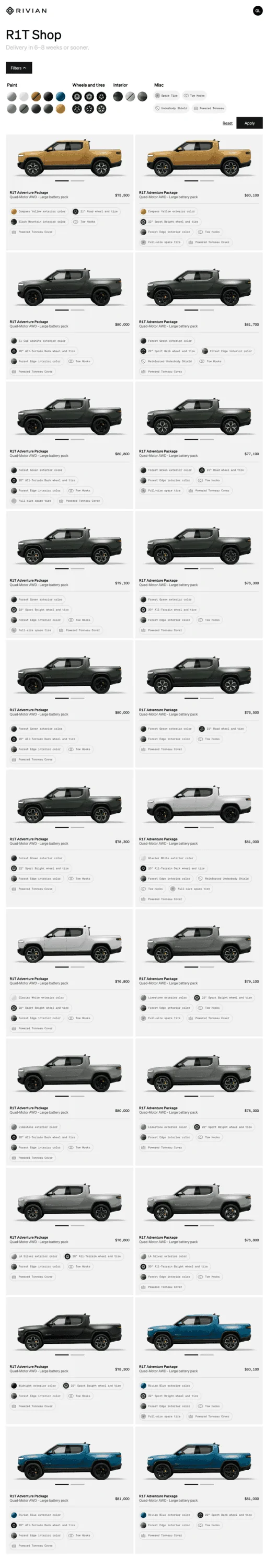 Rivian R1T R1S First look at @ “Introducing the R1 Shop” -- Rivian website to shop for R1T that delivers in 6-8 weeks rivian.com_vehicle-shop_list