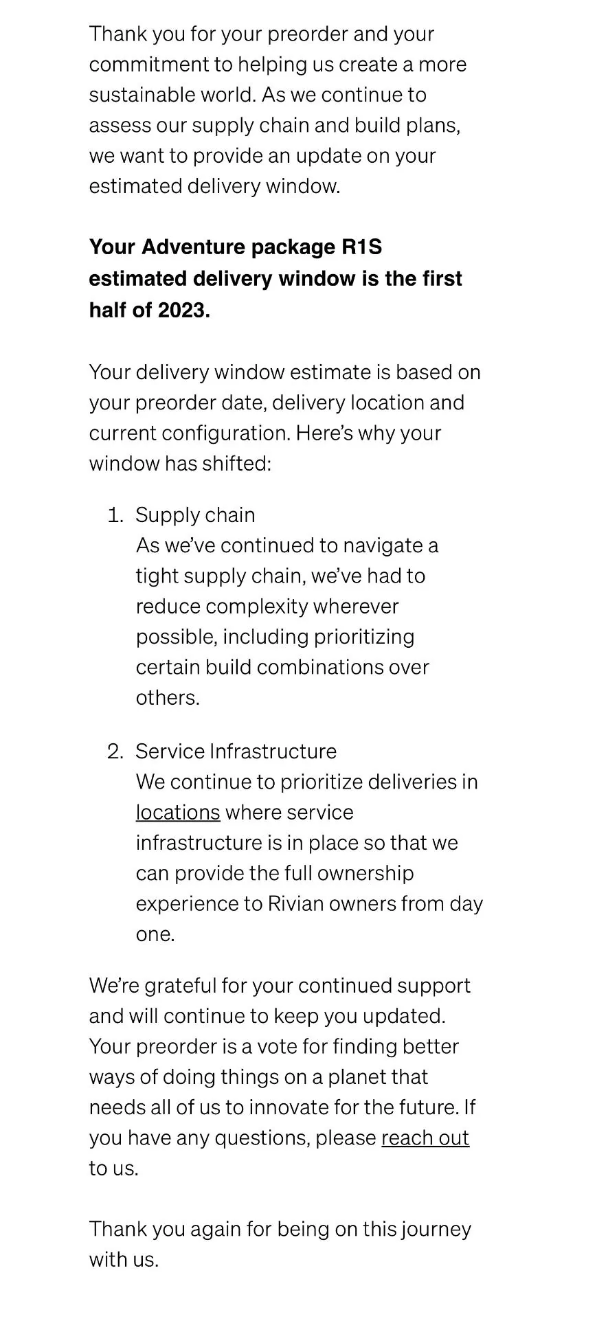 Rivian R1T R1S Next R1S delivery timeline update email coming July 1 - says customer service 7AD79C98-46ED-4F26-8CD4-D9602B564EF1