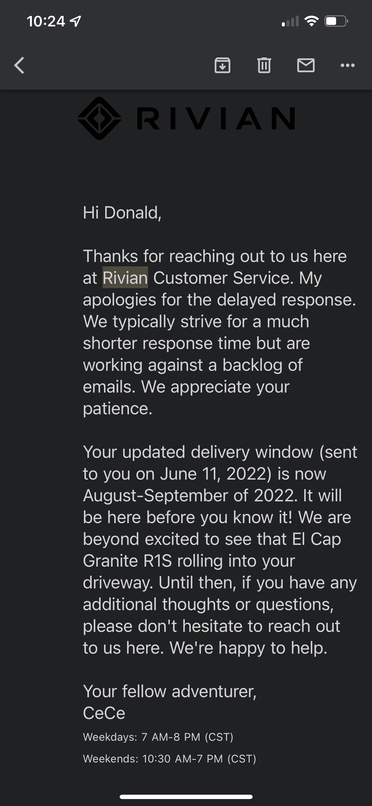 Rivian R1T R1S R1S Delivery Update Email (June 30, 2022) FCF8A02B-89FE-4820-A50C-AB8DEE7C95B3