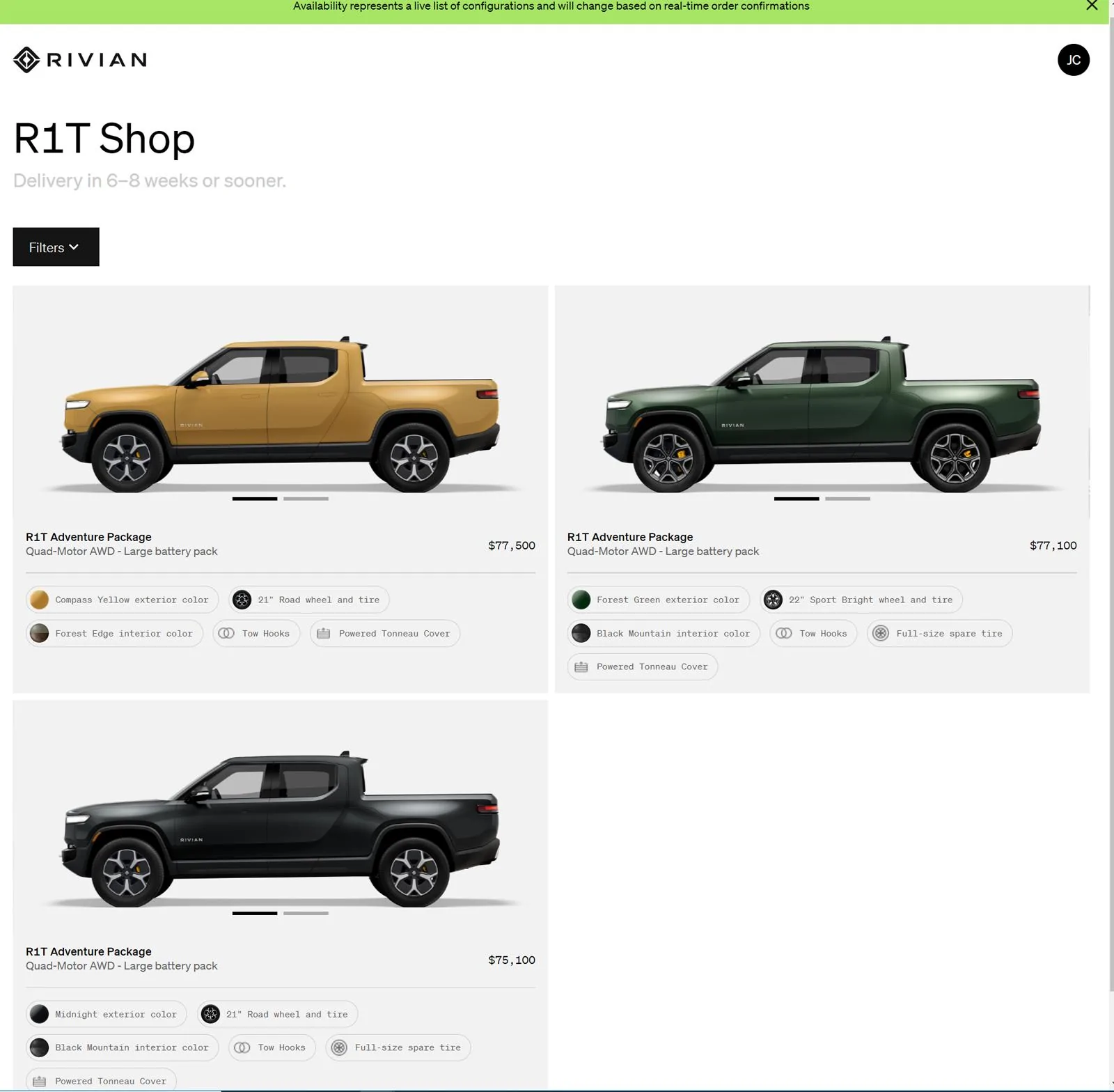 Rivian R1T R1S First look at @ “Introducing the R1 Shop” -- Rivian website to shop for R1T that delivers in 6-8 weeks Shop Screen Gra