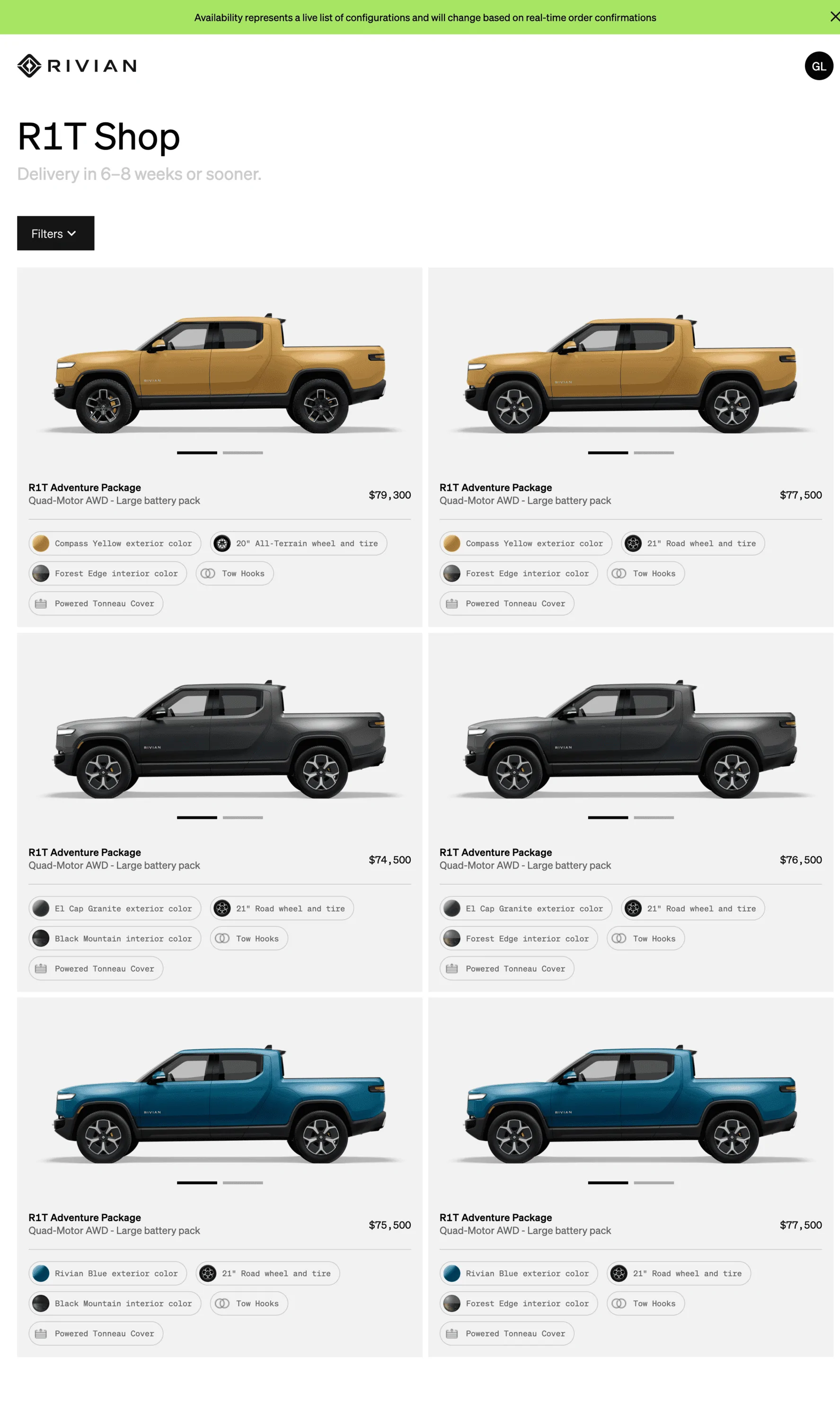Rivian R1T R1S First look at @ “Introducing the R1 Shop” -- Rivian website to shop for R1T that delivers in 6-8 weeks rivian.com_vehicle-shop_list (1)