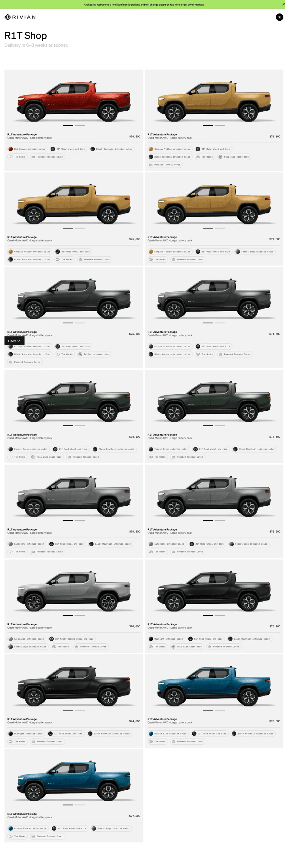 Rivian R1T R1S First look at @ “Introducing the R1 Shop” -- Rivian website to shop for R1T that delivers in 6-8 weeks rivian.com_vehicle-shop_list (2)