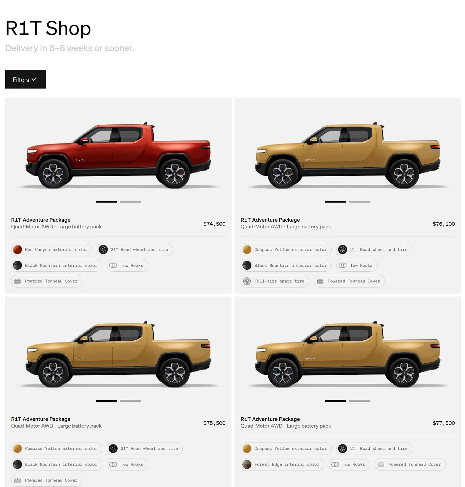 Rivian R1T R1S First look at @ “Introducing the R1 Shop” -- Rivian website to shop for R1T that delivers in 6-8 weeks Shop Screen Gra