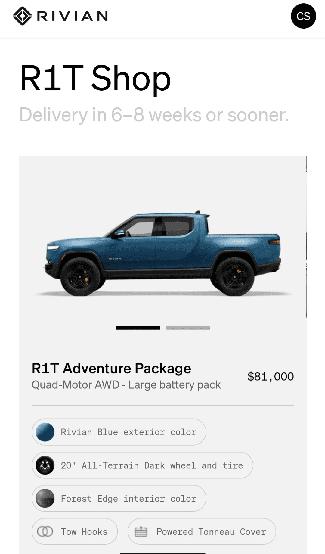 Rivian R1T R1S First look at @ “Introducing the R1 Shop” -- Rivian website to shop for R1T that delivers in 6-8 weeks Screenshot_20220714-202255