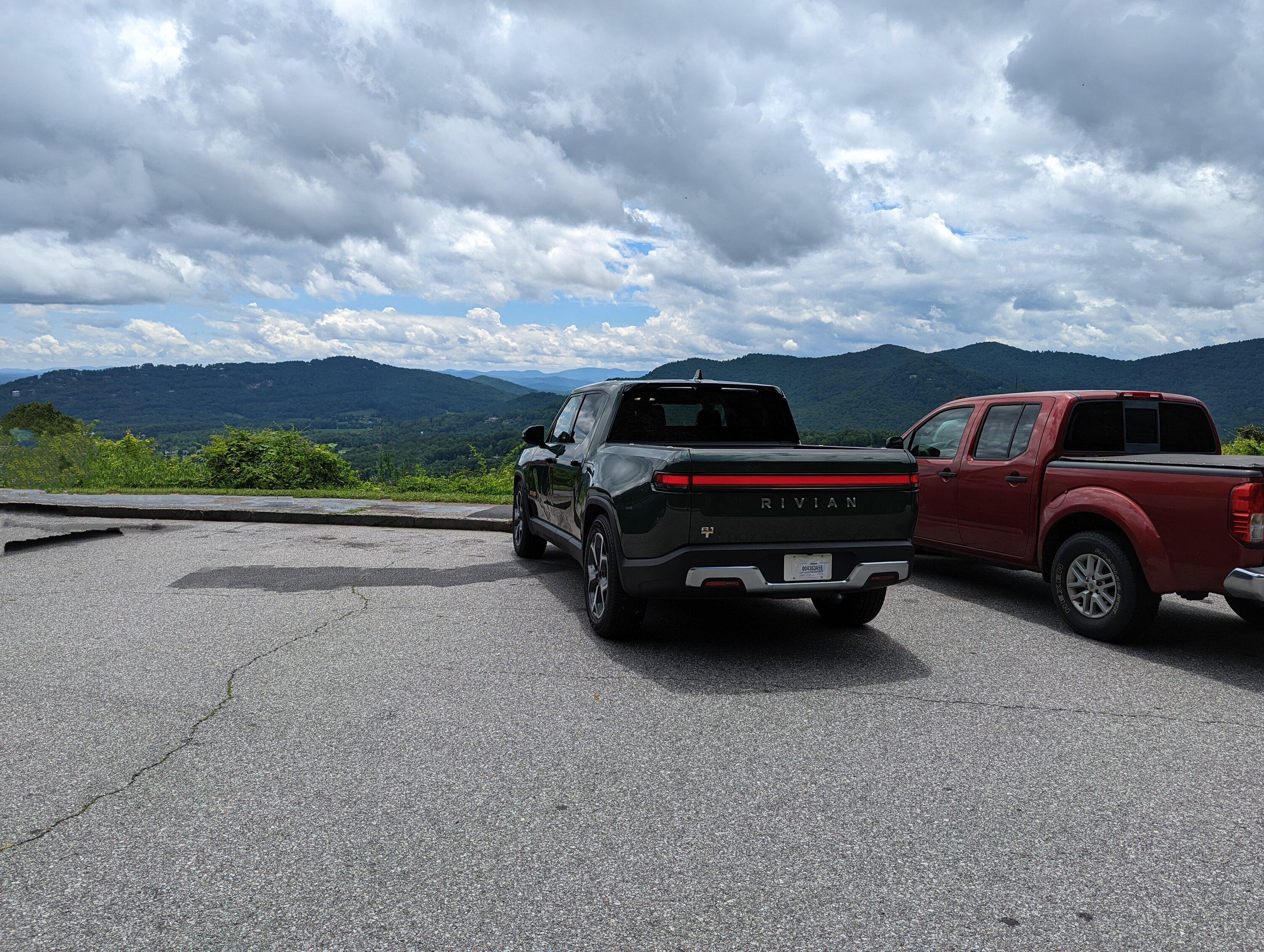 Rivian R1T R1S Green on Green on Blue 183 Mile Road Trip & Pure Driving Bliss on Blue Ridge Parkway, NC PXL_20220731_172003730~2