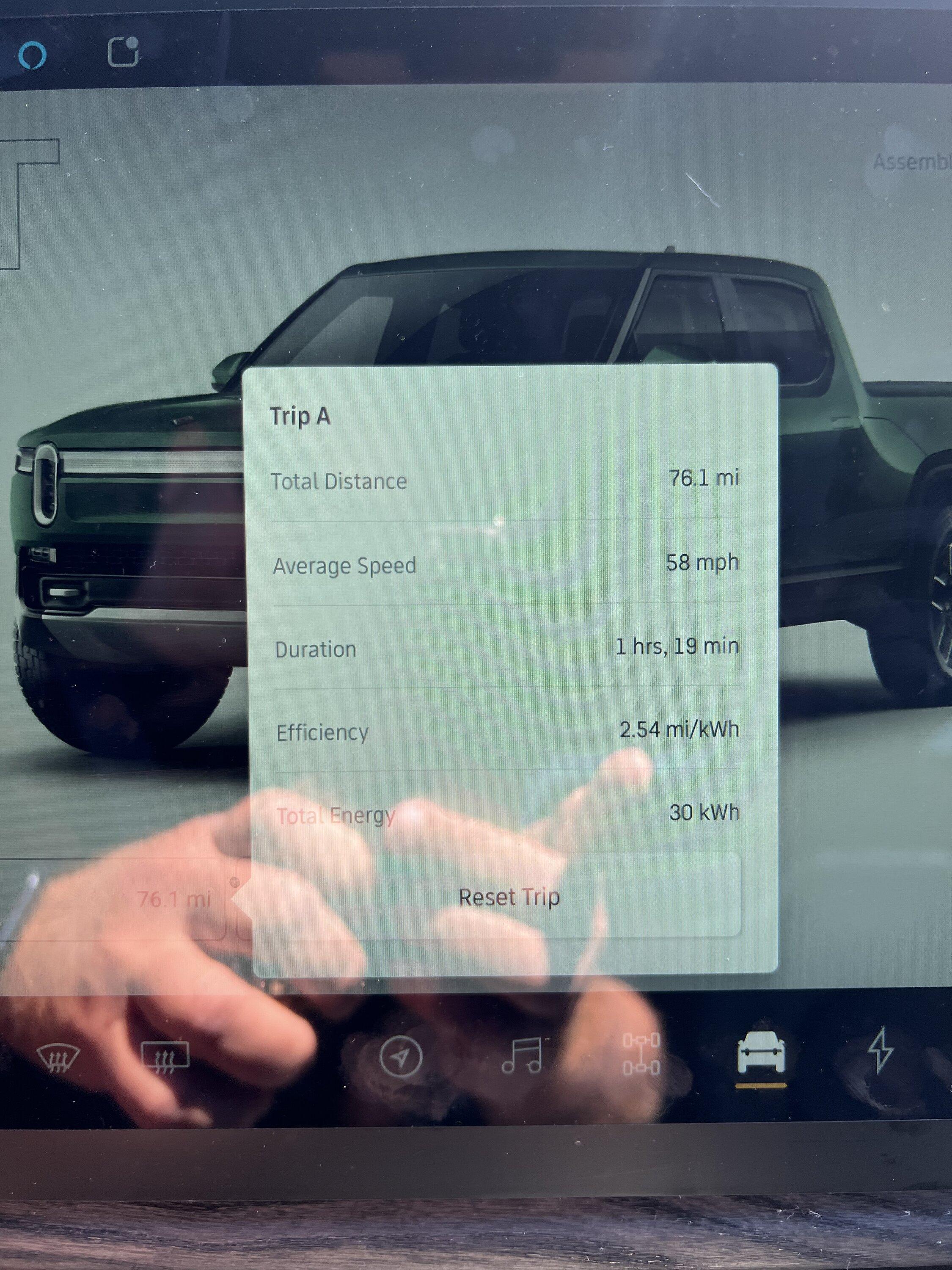 Rivian R1T R1S Conserve Mode Efficiency Improved? Rivian R1T real world range on a 900 plus mile trip averaged 2.7+ miles/kWh IMG_8554