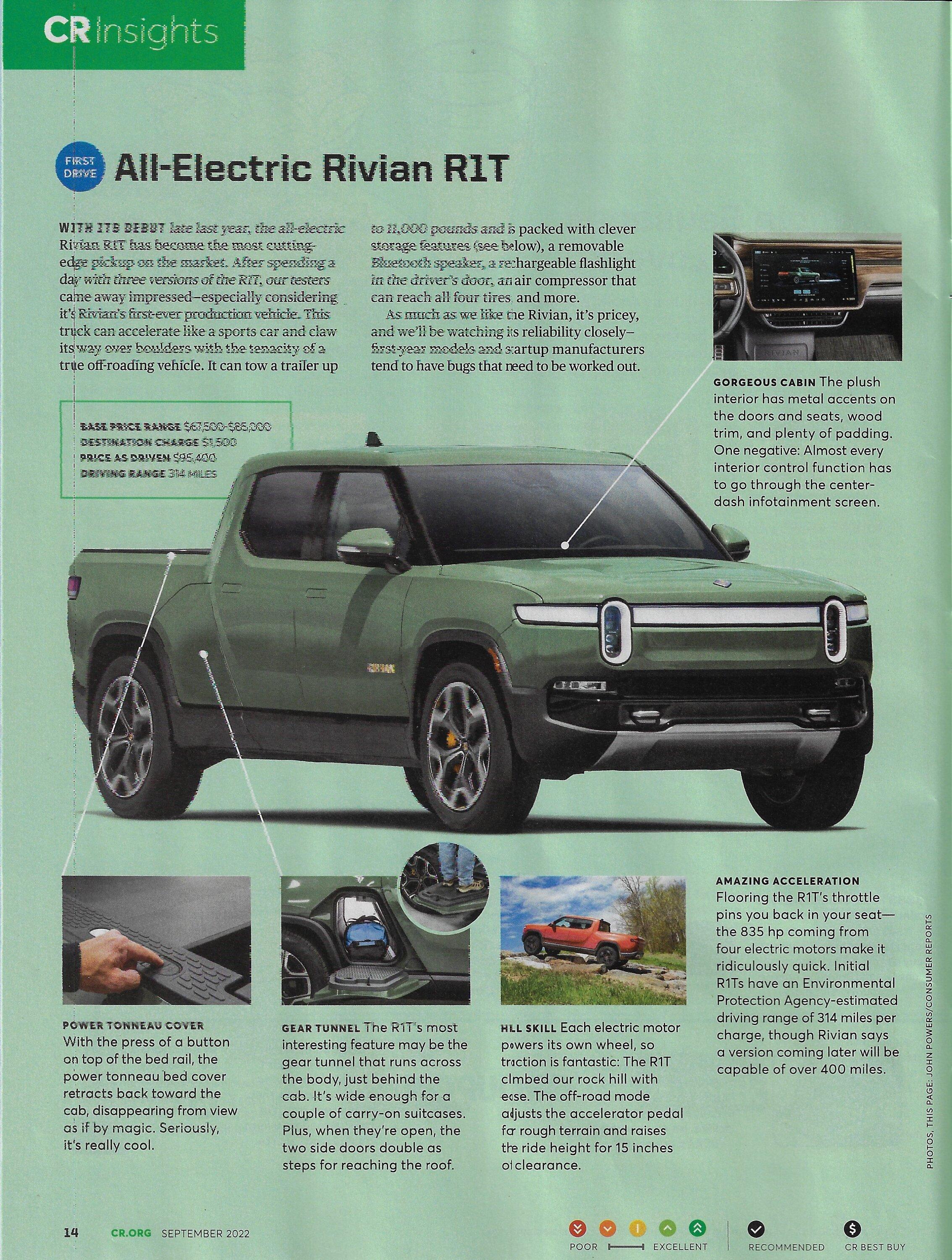 Rivian R1T R1S First drive R1T review article in September's Consumer Reports PhotoScan (2)