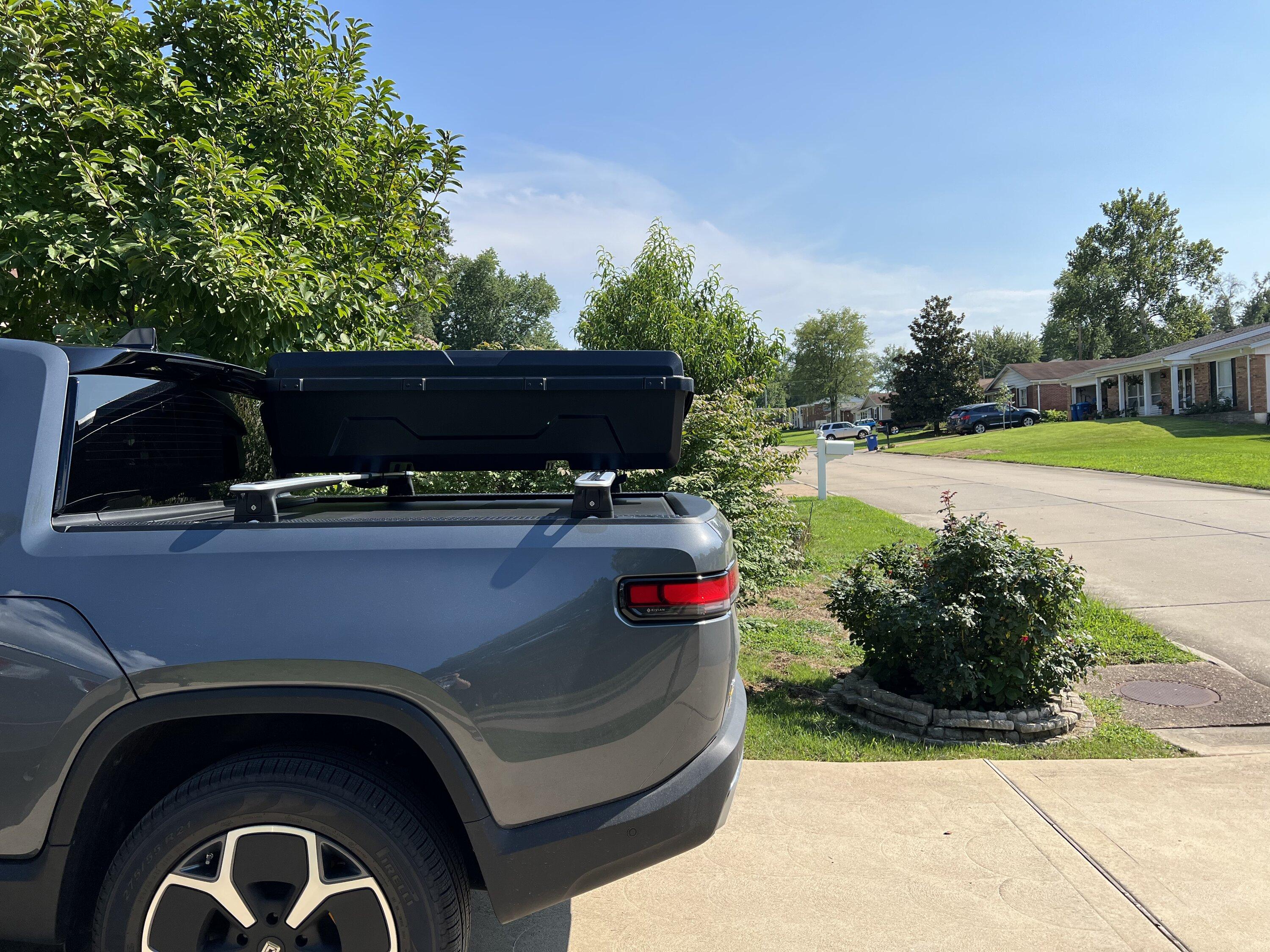 Rivian R1T R1S Yakima DeepSpace 10 Cargo Box installed 530D25B2-41CD-4907-80F5-6BC26D6D4235